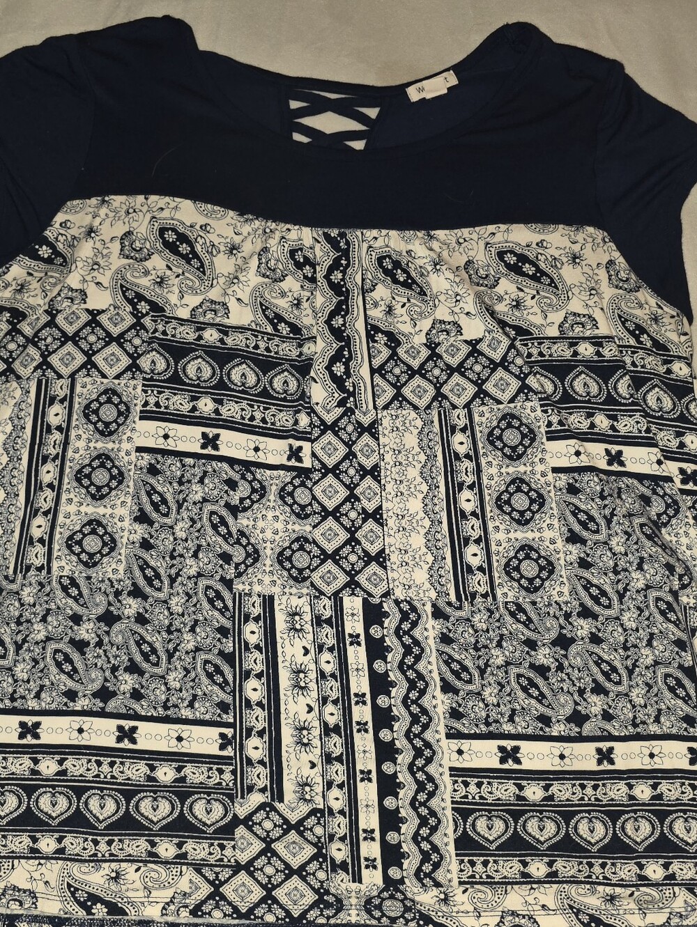 Westport Navy and White Patchwork Paisley Scoop Neck Top 1X